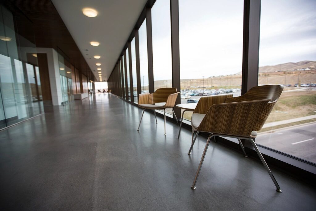Bright, freshly cleaned commercial office corridor